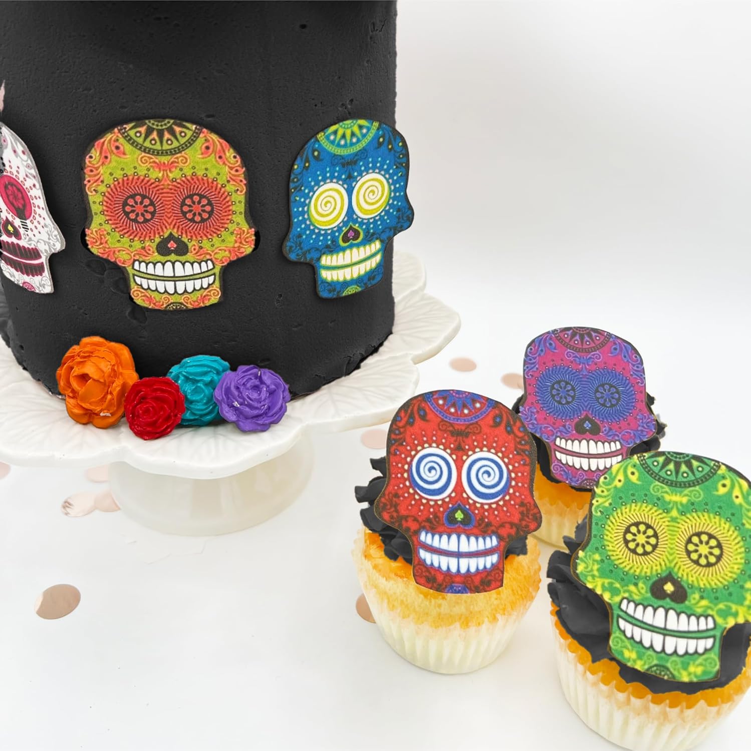 Edible Sugar Skull Cake Toppers – Large Size – Assorted Set of 12