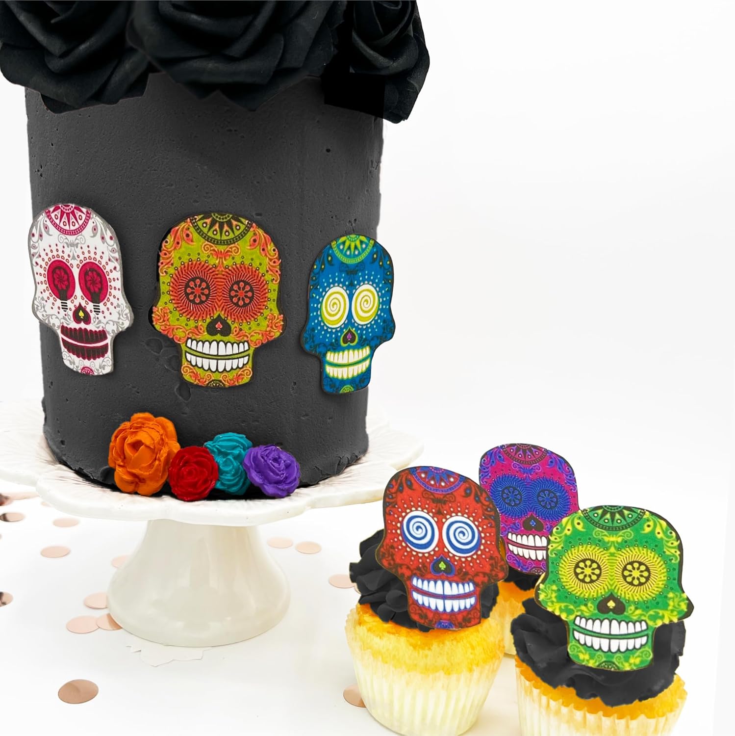 Edible Sugar Skull Cake Toppers – Large Size – Assorted Set of 12