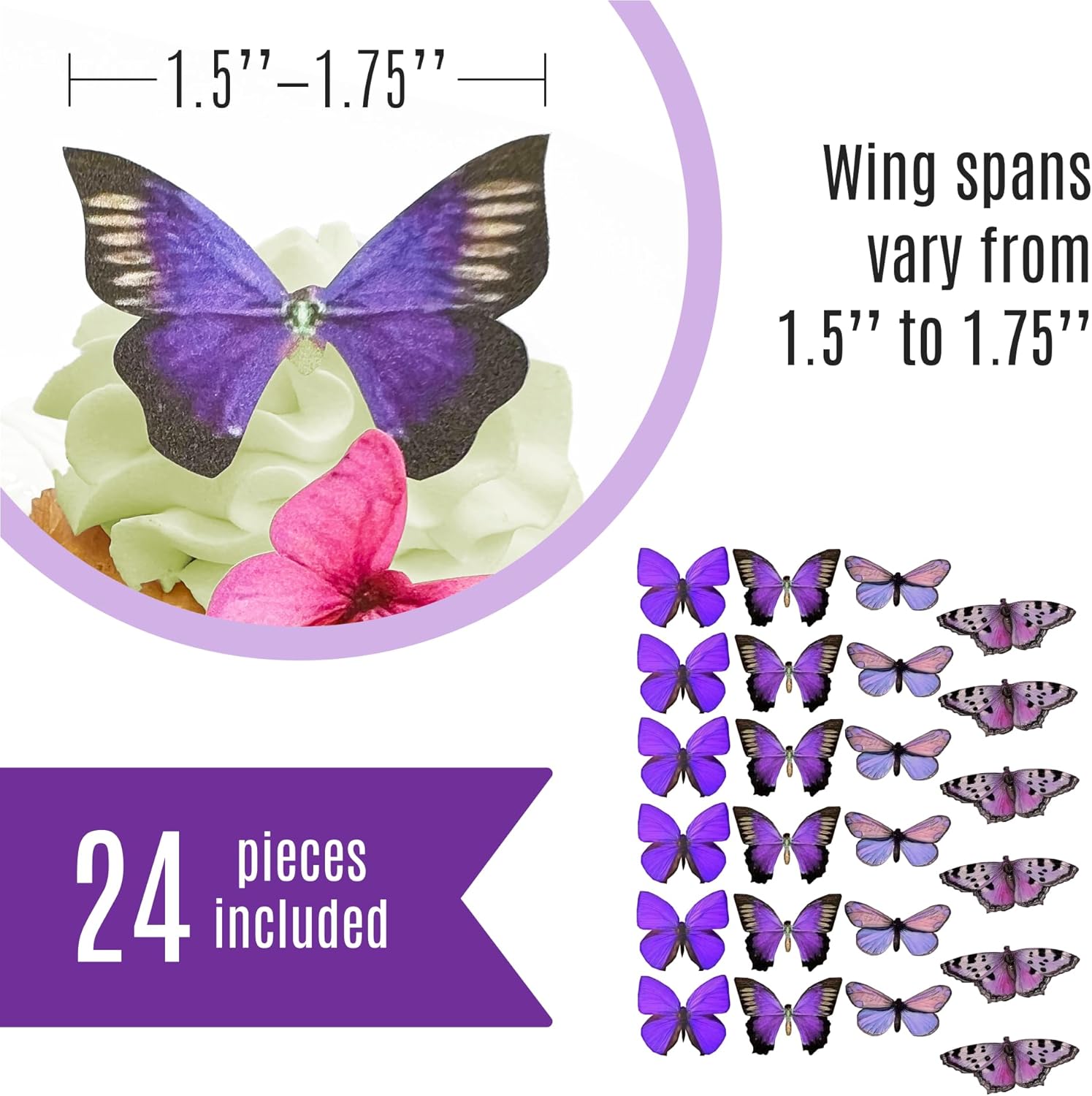 Edible Butterfly Cake Toppers – Small Size – Assorted Set of 24